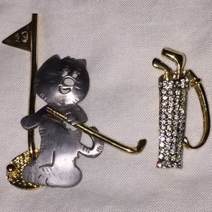 Ultra Craft Brooches SET of 2 Golf Cat Kitten+Gold Rhinestone Golf Bag